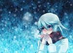  1girl blue_background blue_eyes blush coat lips open_mouth refill_sage scarf short_hair silver_hair tales_of_(series) tales_of_symphonia 