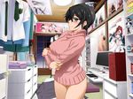  1girl bedroom black_hair blue_eyes blush breasts censored clownculture computer crossed_arms embarrassed erect_nipples female figure futon glasses large_breasts legs long_sleeves looking_at_viewer mosaic_censoring no_panties original poster pussy school_uniform short_hair smile solo standing sweater table thighs turtleneck 