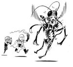  1girl 2boys black_sclera bug_spray genos monochrome monster_girl mosquito_coil mosquito_girl multiple_boys murata_yusuke official_art one-punch_man saitama_(one-punch_man) simple_background 