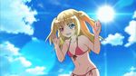  1girl animated animated_gif bikini blonde_hair blush boku_wa_tomodachi_ga_sukunai hasegawa_kobato heterochromia jumping long_hair navel smile solo swimsuit twintails 