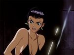  90s animated animated_gif bare_shoulders black_hair bouncing_breasts breasts clenched_teeth cowboy_bebop earrings faye_valentine jewelry lipstick makeup red_lips solo sweatdrop teeth upper_body 