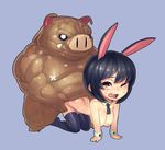  1girl ;o all_fours animal_ears areolae ass bestiality black_hair breasts bunny_ears butt_crack chibi detached_collar doggystyle fengmo hanging_breasts heart heart-shaped_pupils looking_at_viewer monster monster_boy nipples one_eye_closed open_mouth orc original pig_snout sex symbol-shaped_pupils 