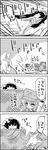  2girls 4koma =d animal_ears cannon comic commentary_request detached_sleeves digging greyscale hair_ribbon hat hat_ribbon headshot highres himekaidou_hatate inubashiri_momiji kawashiro_nitori monochrome multiple_girls pom_pom_(clothes) ribbon scarf shameimaru_aya shield shoujo_kitou-chuu smile snowball snowball_fight tani_takeshi tokin_hat touhou translated twintails wolf_ears yukkuri_shiteitte_ne |_| 