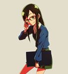  1girl adjusting_glasses ammonio bangs blue_shirt brown_eyes collared_shirt glasses green_hair green_skirt grey_background long_hair long_sleeves looking_at_viewer parted_bangs pleated_skirt red-framed_glasses shiny_hair shirt simple_background skirt smile solo white_shirt 