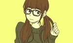  1girl bangs blunt_bangs brown_hair glasses green_eyes hosoo simple_background solo sweater twintails yellow_background 
