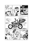  1girl arachne bad_id bad_twitter_id car_crash carapace claws comic copytomcat detached_sleeves extra_eyes greyscale ground_vehicle helmet highres insect_girl monochrome monster_girl monster_musume_no_iru_nichijou motor_vehicle motorcycle multiple_legs rachnera_arachnera spider_girl 