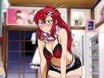  bare_shoulders bedroom bikini_top blue_eyes blush breasts cleavage clownculture cosplay embarrassed erect_nipples female glasses hair_ornament hair_stick highres large_breasts legs long_hair looking_at_viewer navel original ponytail red_hair scarf short_shorts shorts solo standing surprised tengen_toppa_gurren_lagann thighs yoko_littner 