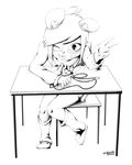  1girl :p kenny_(ken_ashcorp) looking_at_viewer monochrome panda pleated_skirt sitting skirt table tagme wink 