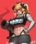  abs amazon black_skirt blonde_hair breasts bullet_bill crown female grin gun hand_on_hip huge_breasts krekk0v mario_(series) muscle muscular_female musk navel nintendo ponytail red_eyes sharp_teeth skirt smile solo super_crown super_mario_bros. sweat teeth thong toned weapon wet 