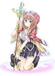  alt atelier_(series) atelier_rorona blue_eyes boots bracelet breasts brown_hair cape cleavage corset hat highres jewelry knee_boots kneeling long_hair medium_breasts necklace rororina_fryxell shirt skirt smile solo staff 