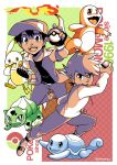  2boys absurdres ball baseball_cap belt buckle bulbasaur charmander checkered checkered_background commentary creatures_(company) emcee english_commentary english_text fangs fiery_tail fire flame full_body game_freak gen_1_pokemon hat highres holding holding_ball holding_poke_ball jewelry long_sleeves looking_at_viewer male_focus multiple_boys multiple_monochrome nintendo ookido_green pants parody pendant pikachu poke_ball poke_ball_(generic) pokemon pokemon_(game) pokemon_rgby pokemon_trainer red_(pokemon) shoes short_sleeves signature spiked_hair squirtle style_parody tail 