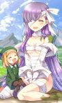  2girls :d ^_^ artist_name bandage bandage_over_one_eye bandaged_arm bandaged_head bandages bare_shoulders beret between_legs black_legwear blonde_hair blue_sky boots breasts cleavage closed_eyes cloud collarbone commentary_request day eyes_closed fate/grand_order fate_(series) giantess green_coat green_hat hand_between_legs hat highres kingprotea lens_flare long_hair medium_hair moss mountain multiple_girls naked_bandage one_eye_covered open_mouth outdoors pantyhose paul_bunyan_(fate/grand_order) purple_hair sakura_tsubame sitting sitting_on_lap sitting_on_person size_difference sky small_breasts smile v_arms very_long_hair wariza yellow_eyes 