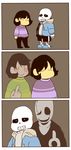  2others 3koma =_= androgynous blush_stickers chara_(undertale) comic frisk_(undertale) highres hood hoodie mamaito middle_finger multiple_boys multiple_others red_eyes sans shirt silent_comic skeleton spoilers striped striped_shirt undertale w.d._gaster 