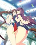  2girls ahoge angry ass bare_shoulders blue_eyes blush breast_envy breast_press breasts brown_hair clenched_teeth competition_swimsuit confetti curvy fist green_eyes hair_ribbon heterochromia highleg huge_breasts long_hair looking_at_viewer looking_back multiple_girls murasaki_(senran_kagura) one-piece_swimsuit one_piece_swimsuit purple_eyes purple_hair ribbon ryoubi_(senran_kagura) senran_kagura senran_kagura_(series) senran_kagura_new_wave shiny shiny_clothes shiny_hair shiny_skin small_breasts swimsuit teeth thick_thighs twintails very_long_hair wide_hips yaegashi_nan 