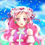  1girl blue_sky blurry blurry_background cloud cure_yell day detached_sleeves double_bun hair_ornament hair_ribbon heart heart_hair_ornament hugtto!_precure long_hair looking_at_viewer open_mouth outdoors petals pink_eyes pink_hair precure red_ribbon ribbon see-through short_sleeves sky solo upper_body wal---dg7sdr-0128 