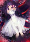  1girl akamizuki_(akmzk) blush collarbone dress eyebrows_visible_through_hair fate/stay_night fate_(series) from_above hair_between_eyes hair_ribbon long_dress long_hair looking_at_viewer lying matou_sakura on_back outstretched_arms parted_lips purple_hair purple_ribbon reaching_out red_ribbon rei_no_himo ribbon short_sleeves solo sundress white_dress 