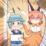  animal_ears blood blue_eyes blue_vest bow bowtie caracal_(kemono_friends) caracal_ears cheetah_(kemono_friends) drawing elbow_gloves gloves green_hair hat kemono_friends kyururu_(kemono_friends) multicolored_hair multiple_girls nosebleed pencil pronghorn_(kemono_friends) shima_noji_(dash_plus) shirt short_hair short_sleeves sketchbook two-tone_hair vest 