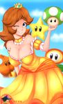  1girl bare_shoulders blue_eyes breasts brown_hair cleavage crown dress hanging_breasts large_breasts long_hair nintendo one_eye_closed parted_lips princess_daisy smile super_mario_bros. super_mario_land wink 