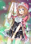  1girl alt atelier_(series) atelier_rorona atelier_totori blue_eyes blush boots bracelet breasts cape cleavage hat highres jewelry long_hair looking_at_viewer open_mouth orange_hair rororina_fryxell sitting skirt smile solo staff 