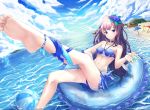  1girl anklet ball bangs bare_shoulders barefoot beach beach_house beach_umbrella beachball bikini bird blue_bikini blue_eyes blue_flower blue_sky blush braid breasts choker cleavage cloud collarbone cup day eyebrows_visible_through_hair flower hair_flower hair_ornament highres holding holding_cup honkai_(series) innertube jewelry keis_(locrian1357) large_breasts leg_ribbon leg_up long_hair looking_at_viewer navel ocean outdoors partially_submerged ponytail purple_eyes purple_flower purple_hair raiden_mei reclining ribbon sarong seagull side_braid sky smile solo splashing stomach swimsuit transparent tropical_drink umbrella very_long_hair water_drop wet 