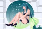  1girl absurdly_long_hair asian bikini black_bikini cosplay frilled_bikini frills gatchaman gatchaman_crowds green_eyes green_hair high_heels leg_garter long_hair low-tied_long_hair photo sitting solo swimsuit utsutsu very_long_hair 