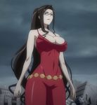  bare_shoulders blue_eyes breasts brown_hair cleavage covered_navel dragonaut female glasses kitajima_yuuri large_breasts lipstick long_hair makeup screencap solo standing stitched very_long_hair 