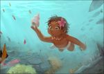  1girl air_bubble brown_eyes brown_hair bubble commentary_request dark_skin day disney fish floating_hair flower gori_matsu hair_flower hair_ornament holding_breath jewelry light_rays looking_away moana_(movie) moana_waialiki necklace ocean outstretched_hand pink_flower rock seashell shell shirtless short_hair submerged underwater water wide-eyed younger 