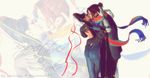  1boy 1girl artist_name ass bayonetta bayonetta_(character) black_hair brown_hair embrace gloves hug kiss luka_redgrave web_address 