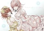  1boy 1girl 2018 androgynous backless_dress backless_outfit bangs bow breasts brown_eyes brown_hair choker cleavage collarbone crossdressing danganronpa dated dress eyebrows_visible_through_hair fujisaki_chihiro gloves grey_dress grey_hairband hair_bow hairband happy_birthday layered_dress long_dress looking_at_viewer medium_breasts nanami_chiaki sakuyu short_hair short_sleeves silver_hair smile trap white_background white_bow white_gloves yellow_dress yellow_hairband 