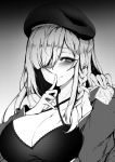  1girl beret blush braid breasts chickenvomit cleavage closed_mouth condom_wrapper criss-cross_halter finger_to_mouth g36c_(girls_frontline) girls_frontline gradient gradient_background greyscale hair_over_one_eye half-closed_eyes halterneck hat highres large_breasts long_hair looking_at_viewer monochrome seductive_smile side_braid sidelocks smile solo upper_body 