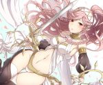  1girl bare_shoulders braid breasts cleavage collar dancer fire_emblem fire_emblem:_kakusei groin hairband haru_(nakajou-28) holding holding_sword holding_weapon jewelry long_braid long_hair looking_at_viewer medium_breasts midriff navel nintendo olivia_(fire_emblem) open_mouth pink_eyes pink_hair ponytail simple_background solo sword twin_braids weapon white_legwear 