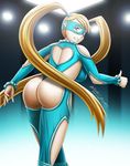  1girl artist_request ass ass_cutout back backboob bare_shoulders blonde_hair blue_eyes breasts capcom domino_mask female from_behind grin heart heart_cutout large_breasts long_hair looking_back mask mr_creeping_deth rainbow_mika shiny shiny_skin smile solo street_fighter street_fighter_v thong thumbs_up wrestling_outfit 