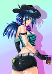  ass bandanna bare_shoulders blue_hair blush breasts card code_of_joker cowboy_hat denim denim_shorts female frog from_behind gloves green_eyes hair_bobbles hair_ornament hat large_breasts long_hair looking_at_viewer looking_back low_twintails shadow shiny shiny_clothes shiny_hair shiny_skin short_shorts shorts sideboob smile solo sunglasses suzumoori_marina tubetop twintails yappy 