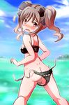  1girl ass beach bikini blush breasts cloud embarrassed female frilled_bikini frills grey_hair hair_ornament hair_ribbon idolmaster idolmaster_cinderella_girls kanzaki_ranko looking_back nude ocean open_mouth outdoors pussy red_eyes ribbon sky solo surprised swimsuit tears twintails uncensored vanilla_anmitsu wardrobe_malfunction water wet 