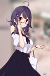  1girl absurdres ahoge alternate_costume bag bespectacled black-framed_eyewear black_skirt blurry blurry_background blush carrying_bag casual closed_mouth collarbone glasses hair_flaps hair_ornament highres kantai_collection long_hair low_twintails mitsukoshi_(department_store) neve off-shoulder_shirt off_shoulder purple_hair red_eyes shirt shopping_bag signature skirt smile solo taigei_(kantai_collection) twintails whale_hair_ornament white_shirt wristband 