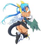  1girl alternate_skin_color ass asymmetrical_wings back bare_shoulders blue_hair blush dark_skin dizzy guilty_gear guilty_gear_x guilty_gear_xx hair_ribbon hands_clasped long_hair looking_back open_mouth red_eyes ribbon simple_background skindentation solo tail tail_ribbon thighhighs twintails un wings 