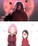  1boy 2girls black_hair blush child glasses haruno_sakura long_hair moon multiple_girls naruto outstretched_hand pink_hair red-framed_glasses short_hair smile uchiha_madara uchiha_sarada 