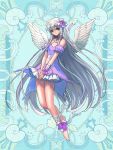  1girl barefoot blue_background detached_sleeves dress ellis_canary feathered_wings flower full_body green_eyes hair_flower hair_ornament hair_ribbon hands_together kerberos_blade kishiba_yuusuke long_hair looking_at_viewer pink_dress pink_flower ribbon short_sleeves sidelocks silver_hair solo very_long_hair white_wings wings wrist_wrap 