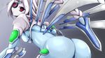  1girl arc_system_works ass blazblue dacho eyepatch mecha_musume nu-13 pale_skin red_eyes silver_hair skin_tight solo wings 