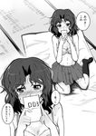  amagami blush bra check_translation comic covering_face floor frown futon greyscale highres kenmomen long_hair looking_to_the_side messy_hair monochrome navel no_shirt partially_undressed sitting skirt socks solo sweat tanamachi_kaoru tatami translation_request underwear 