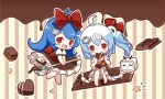  2girls :d ahoge barefoot bili_girl_22 bili_girl_33 bilibili_douga blue_hair blush bow brown_dress chibi chocolate chocolate_bar clouble dress eyes_closed food frilled_dress frills hair_bow hair_ornament heart highres holding holding_food holding_spoon long_hair multiple_girls open_mouth puffy_short_sleeves puffy_sleeves red_bow shirt short_sleeves side_ponytail sidelocks sitting sleeveless sleeveless_dress smile spoon star striped striped_background vertical-striped_background vertical_stripes very_long_hair white_shirt 