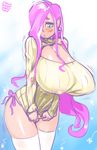  1girl aqua_eyes blush breasts cleavage_cutout earrings embarrassed erect_nipples female fluttershy gigantic_breasts hair_over_one_eye long_breasts long_hair my_little_pony my_little_pony_friendship_is_magic no_bra no_pants panties personification pink_hair pink_panties pornomagnum shirt shy solo standing sweater thighhighs very_long_hair white_thighhighs 