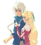  1boy 1girl belt blonde_hair blue_eyes blush braid breasts claire_bennett dress eyes_closed flower long_hair open_mouth pants ribbon smile tales_of_(series) tales_of_rebirth veigue_lungberg white_hair 