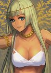  1girl armlet bangs blue_eyes blunt_bangs breasts cleavage dark_skin earrings green_hair highres hoop_earrings jewelry kishiba_yuusuke long_hair looking_at_viewer medium_breasts neck_ring open_mouth original solo upper_body white_bikini_top 