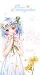  1girl bare_arms bare_shoulders bili_girl_33 bilibili_douga blue_hair blush clouble collarbone covered_mouth dress english_text flower flower_wreath hands_together hands_up head_tilt head_wreath highres holding holding_flower long_hair one_side_up own_hands_together petals pink_flower red_eyes romaji_text sleeveless sleeveless_dress solo sundress white_dress yellow_flower 