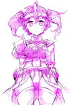  1girl armor bodysuit breasts cleavage iris_(luminous_arc) luminous_arc monochrome navel open_mouth purple short_hair twintails 