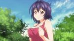  1girl animated animated_gif breast_squeeze breasts cleavage female large_breasts maken-ki! nijou_aki purple_hair short_hair smile solo talking younger 