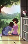  book bookshelf brown_hair commentary commission day flower grass hana_(ookami_kodomo) highres leaning_on_person long_hair looking_at_another multiple_girls ookami_kodomo_no_ame_to_yuki pants porch rtil short_hair sitting smile tree yuki_(ookami_kodomo) 