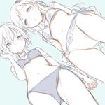  2girls bikini bikini_skirt black_bikini blue_background blush hand_holding kuroboshi_kouhaku multiple_girls navel side-tie_bikini simple_background swimsuit tagme 