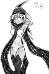  1girl breasts character_request dark_skin female gamonkoubou monochrome monster_girl simple_background solo weapon 